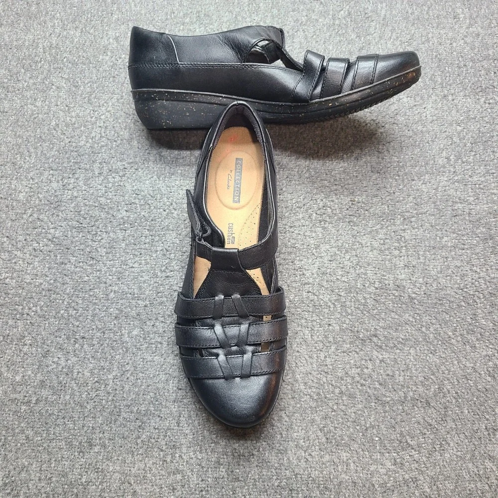 Clarks Women Black Leather Woven Strappy Mary Jane Flats Shoes 8.5M